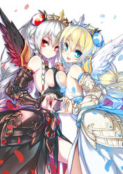  2girls 4-fingers_heart_hands armor black_wings blonde_hair blue_eyes blush breast_press breasts commentary_request dark_valkyrie_(p&amp;d) faulds hair_ornament heart heart_hands heart_hands_duo heart_in_heart_hands hong_(white_spider) interlocked_fingers long_hair looking_at_viewer medium_breasts multiple_girls open_mouth photoshop_(medium) puzzle_&amp;_dragons red_eyes silver_hair smile symmetrical_docking tiara valkyrie valkyrie_(p&amp;d) vambraces very_long_hair water_valkyrie_(p&amp;d) white_wings wings 