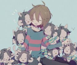  1other androgynous animal_ears bad_id bad_pixiv_id blue_background brown_hair closed_eyes creature frisk_(undertale) grey_hair higa423 highres hives long_sleeves open_mouth pants shirt short_hair simple_background smile striped_clothes striped_shirt sweatdrop temmie undertale 