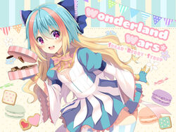  :d blonde_hair blue_bow blue_gloves blue_hair blue_skirt blush bow breasts candy_wrapper checkerboard_cookie commentary_request cookie copyright_name female food frilled_bow frills gloves hair_between_eyes hairbow holding kuroe_(sugarberry) layered_sleeves leaning_forward little_alice_(wonderland_wars) long_sleeves macaron multicolored_hair open_mouth pennant photoshop_(medium) puffy_short_sleeves puffy_sleeves purple_eyes shirt short_over_long_sleeves short_sleeves skirt small_breasts smile solo streaked_hair string_of_flags striped_clothes striped_thighhighs sunshine_creation teeth thighhighs two-tone_hair upper_teeth_only vertical-striped_clothes vertical-striped_thighhighs white_shirt wide_sleeves wonderland_wars 