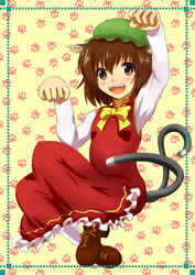  animal_ears brown_eyes brown_hair cat_ears cat_tail chen commentary_request dress female hat mob_cap multiple_tails open_mouth paw_pose red_dress smile solo tail touhou white_legwear yuu_yuu_(netaeshi58) 