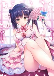  bare_shoulders blurry blurry_background blush bow breasts brown_eyes closed_mouth commentary_request crossed_ankles curtains depth_of_field double_bun dress female flower folding_fan gloves hair_bun hand_fan highres holding holding_fan large_breasts long_hair looking_at_viewer nanohana_kohina original panties pink_bow pink_dress pink_flower pink_rose purple_hair rose ruri_(tougetsu_hajime) sidelocks sitting sleeveless sleeveless_dress smile solo twintails underwear very_long_hair white_gloves white_panties window 