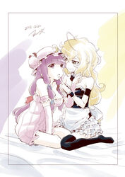  2girls :o adapted_costume ahoge apron bare_shoulders black_legwear blonde_hair bow commentary_request crescent dated detached_collar detached_sleeves hairbow hand_on_another&#039;s_chin hat highres kirisame_marisa long_hair multiple_girls patchouli_knowledge purple_eyes purple_hair signature sitting smile thighhighs touhou waist_apron wariza wrist_cuffs yellow_eyes yoekosukii yuri 