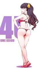  ao_(time-leap) ass bikini black_hair bow character_name commentary_request female from_behind full_body hairbow hand_on_own_hip kneepits kujou_ume long_hair looking_back red_bikini red_eyes sandals simple_background solo standing swimsuit thong thong_bikini tokyo_7th_sisters 