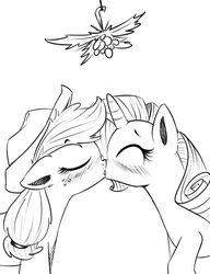  2013 applejack_(mlp) blush clothing cowboy_hat duo equid equine female female/female freckles friendship_is_magic hasbro hat headgear headwear high-roller2108 horn horse kissing mammal mistletoe monochrome my_little_pony mythological_creature mythological_equine mythology plant pony rarity_(mlp) unicorn 