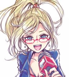  alternate_costume bespectacled blonde_hair blue_eyes commentary_request earrings female forecast_janna glasses janna_(league_of_legends) jewelry league_of_legends long_hair looking_at_viewer messy_hair microphone open_mouth ponytail shimatta solo 