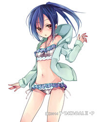  aqua_jacket bikini blue_hair blush breasts brown_eyes collarbone commentary_request cowboy_shot date_a_live female floating_hair frilled_bikini frills groin hair_between_eyes hibiki_mio hood hooded_jacket jacket long_hair navel open_clothes open_jacket open_mouth side-tie_bikini_bottom side_ponytail simple_background small_breasts solo standing striped_bikini striped_clothes swimsuit takamiya_mana vertical-striped_bikini vertical-striped_clothes white_background 