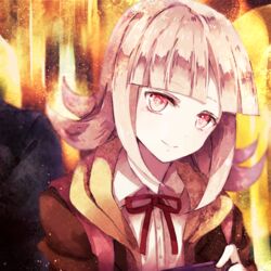  backpack bag black_jacket blurry blurry_background brown_jacket closed_mouth commentary_request danganronpa_(series) danganronpa_3_(anime) female flipped_hair game_console highres holding hope&#039;s_peak_academy_school_uniform jacket looking_at_viewer medium_hair multicolored_background nanami_chiaki pink_bag pink_eyes pink_hair red_ribbon ribbon school_uniform shirt simple_background smile solo upper_body white_shirt yuizayomiya 