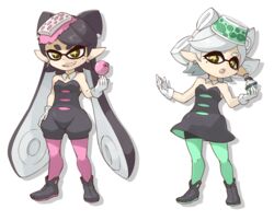  2girls :d black_hair callie_(splatoon) commentary_request cousins detached_collar dress earrings fangs food food_on_head green_legwear hair_rings inkling jewelry long_hair marie_(splatoon) multiple_girls naka_akira object_on_head open_mouth pantyhose pointy_ears pokemon short_hair short_jumpsuit shorts_under_dress smile splatoon_(series) splatoon_1 strapless strapless_dress sushi tentacle_hair white_hair yellow_eyes 