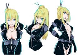  aqua_eyes black2929 blonde_hair bodysuit breasts cleavage commentary_request crossed_arms female highres large_breasts leaning_forward long_hair looking_at_viewer multiple_views nancy_lee ninja_slayer open_mouth simple_background 