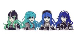  alisha_(heirror) aqua_hair armor blue_eyes blue_hair blush cape commentary_request detached_sleeves dress eirika_(fire_emblem) fire_emblem fire_emblem:_path_of_radiance fire_emblem:_the_binding_blade fire_emblem:_the_sacred_stones fire_emblem_awakening fire_emblem_heroes gradient green_eyes green_hair hat helmet lilina_(fire_emblem) long_hair looking_at_viewer lucina_(brave_princess)_(fire_emblem) lucina_(fire_emblem) multiple_girls nephenee_(fire_emblem) open_mouth simple_background smile tiara 