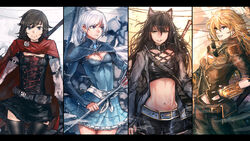  4girls abs advarcher alternate_costume animal_ears belt blake_belladonna breasts cat_ears cleavage commentary compilation corset crescent_rose ember_celica_(rwby) english_commentary gambol_shroud highres multiple_girls myrtenaster navel ruby_rose rwby siblings sisters sunglasses thighhighs weiss_schnee yang_xiao_long 