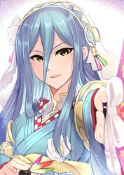  azura_(fire_emblem) azura_(new_year)_(fire_emblem) blue_hair commentary_request female fire_emblem fire_emblem_fates fire_emblem_heroes flower hair_flower hair_ornament hand_fan highres japanese_clothes kimono long_hair looking_at_viewer nakabayashi_zun obi sash smile solo white_kimono yellow_eyes yukata 