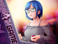  arcade_cabinet bare_shoulders blue_eyes blue_hair bra_strap breasts carrot controller energy_gun female flying_saucer game_cg geta glasses highres hunie_(series) huniepop indoors japanese_clothes joystick kimono medium_breasts nikki_ann-marie ninamo non-web_source obi off-shoulder_sweater off_shoulder playing_games rabbit_girl ray_gun ribbed_sweater sash short_hair solo spacecraft star_(symbol) sweater ufo weapon 