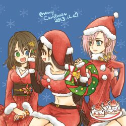  &eacute;clair_farron 3girls black_hair blue_eyes brown_hair cake christmas final_fantasy final_fantasy_vii final_fantasy_x final_fantasy_xiii food green_eyes hat heterochromia jewelry long_hair multiple_girls necklace pink_hair pixiv_manga_sample red_eyes santa_costume santa_hat santa_outfit short_hair tifa_lockhart very_long_hair yadoso yuna 