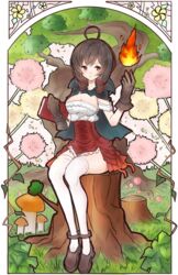  book breasts brown_gloves brown_hair buttons cleavage cloak commentary_request dandelion female fire flower frills gloves grass grimoire hand_up highres large_breasts mushroom nora_(salatto) orange_eyes plant red_skirt ribbon shoes sitting skirt solo thighhighs tree tree_of_savior white_thighhighs wizard_(tree_of_savior) 