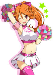  alternate_hairstyle antenna_hair arm_up armpits belt cheerleader cocoro_magical commentary_request crop_top female hair_ribbon highres long_hair looking_at_viewer midriff navel nectar_(fujiya) one_eye_closed open_mouth orange_hair photoshop_(medium) pom_pom_(cheerleading) ponytail red_eyes ribbon skindentation solo star_(symbol) thighhighs tokyo_7th_sisters usuta_sumire 