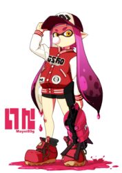  .52_gal_(splatoon) absurdres baseball_cap bike_shorts blowing_bubbles boots bubble chewing_gum commentary_request female hat highres inkling inkling_girl inkling_player_character jacket letterman_jacket long_hair long_sleeves mayoi89g monster_girl pink_hair pointy_ears solo splatoon_(series) splatoon_1 tentacle_hair yellow_eyes 