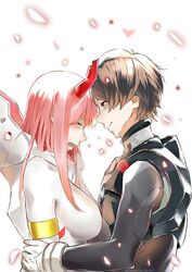  1boy asymmetrical_horns black_bodysuit black_hair bodysuit breasts closed_eyes commentary couple crying darling_in_the_franxx female forehead-to-forehead genm7 gloves heads_together highres hiro_(darling_in_the_franxx) horns large_breasts long_hair looking_at_another military military_uniform oni_horns pilot_suit pink_hair red_horns science_fiction single_horn straight uneven_horns uniform white_bodysuit white_gloves zero_two_(darling_in_the_franxx) 