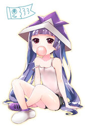  bare_arms bare_shoulders black_shorts blowing_bubbles blush camisole chewing_gum collarbone commentary_request female hat highres kodomo_no_hi koinobori long_hair looking_at_viewer paper_hat paper_kabuto pikomarie purple_eyes purple_footwear purple_hair purple_hat puzzle_&amp;_dragons shoe_soles shoes short_shorts shorts solo strap_slip v-shaped_eyebrows very_long_hair white_camisole windsock yomi_(p&amp;d) 