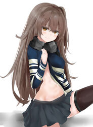  absurdres black_footwear black_scarf black_skirt black_thighhighs blush brown_eyes chinese_commentary closed_mouth clothes_lift commentary_request crossed_bangs eyes_visible_through_hair female girls&#039;_frontline grey_hair hair_between_eyes highres holding lifting_own_clothes long_hair looking_at_viewer miniskirt navel no_bra official_alternate_costume one_side_up pleated_skirt ru_zhai scar scar_across_eye scar_on_face scarf sidelocks simple_background sitting skirt smile solo stomach striped_clothes striped_scarf striped_sweater sweater sweater_lift thighhighs ump45_(&quot;just_this_time.&quot;)_(girls&#039;_frontline) ump45_(girls&#039;_frontline) very_long_hair white_background zettai_ryouiki 