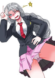  angeldust ass_visible_through_thighs blazer blue_eyes blush braid collared_shirt commentary cosplay cowboy_shot crescent crescent_pin female grey_hair jacket long_braid long_hair long_sleeves looking_at_viewer necktie nose_blush one_eye_closed open_mouth panties pantyshot pink_skirt pleated_skirt red_necktie reisen_udongein_inaba reisen_udongein_inaba_(cosplay) shirt simple_background single_braid skirt solo standing star_(symbol) sweatdrop thighs touhou underwear v very_long_hair white_background white_panties white_shirt yagokoro_eirin 