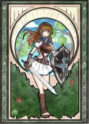  armor belt blue_eyes blue_sky blush breastplate brown_hair bush cloud cloudy_sky commentary_request female gauntlets gloves highres holding holding_shield holding_sword holding_weapon leg_up long_hair nora_(salatto) open_mouth peltasta_(tree_of_savior) plant shield short_sleeves skirt sky solo sword tree tree_of_savior weapon 