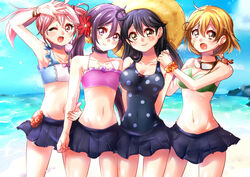  4girls :o ;d ahoge akebono_(kancolle) akebono_(swimsuit_mode)_(kancolle) armpits arms_behind_back bad_id bad_pixiv_id beach bell bikini bikini_skirt black_hair blush breasts brown_eyes brown_hair choker cleavage cowboy_shot crab crab_on_shoulder day flower goggles hair_bell hair_flower hair_ornament hat jingle_bell juurouta kantai_collection large_breasts long_hair looking_at_viewer medium_breasts multiple_girls navel oboro_(kancolle) ocean oerba_yun_fang one-piece_swimsuit one_eye_closed open_mouth pink_eyes pink_hair polka_dot polka_dot_swimsuit rabbit sazanami_(kancolle) sazanami_(swimsuit_mode)_(kancolle) short_hair side_ponytail skirt smile straw_hat sun_hat swimsuit ushio_(kancolle) ushio_(swimsuit_mode)_(kancolle) water 