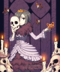  adventure_time breasts bug butterfly candle closed_mouth commentary creature crown dav-19 dress english_commentary eyelashes female fire flying grey_hair holding holding_mask horns humanization indoors long_sleeves mask medium_breasts one_eye_covered photoshop_(medium) princess purple_background purple_eyes short_hair signature skeleton_princess_(towergirls) skull skull_mask smile solo watermark web_address white_dress 