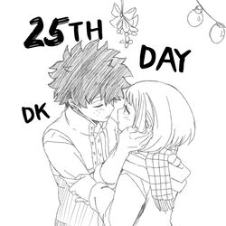  1boy blush boku_no_hero_academia closed_eyes coat commentary couple english_commentary female freckles greyscale hand_on_another&#039;s_face highres imminent_kiss krumbs_(dailykrumbs) looking_at_another midoriya_izuku mistletoe monochrome official_style scarf short_hair signature straight unfinished upper_body uraraka_ochako vest winter_clothes winter_coat 