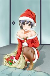  bare_shoulders black_hair blush brown_eyes commentary_request female gift hat highres looking_at_viewer okumori_boy original parted_lips santa_hat short_hair sleeves_past_wrists smile solo squatting sweat teeth thighhighs 