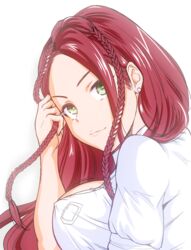  braid breasts commentary_request earrings female green_eyes jewelry large_breasts long_hair looking_at_viewer okumori_boy original red_hair school_uniform simple_background smile solo white_background 