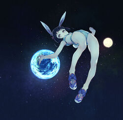  animal_ears bikini black_hair blue_bikini blunt_bangs breasts commentary earth_(planet) female full_moon hair_ribbon high_jump highres jumping moon open_mouth original planet rabbit_ears ribbon shoes short_hair short_twintails small_breasts sneakers solo space star_(sky) star_(symbol) subachi swimsuit twintails yellow_eyes 