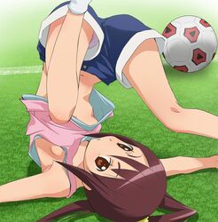  ball blue_shorts brown_eyes brown_hair female ginga_e_kickoff!! grass haruyama_kazunori looking_at_viewer navel panties pink_panties ponytail shorts soccer_ball socks solo takatoo_erika underwear upshorts 