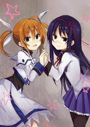  2girls akemi_homura akemi_homura_(magical_girl) bad_id bad_pixiv_id black_hair blue_eyes cristina_valenzuela highres holding_hands interlocked_fingers long_hair long_skirt lyrical_nanoha magical_girl mahou_shoujo_lyrical_nanoha mahou_shoujo_lyrical_nanoha_a&#039;s mahou_shoujo_lyrical_nanoha_the_movie_2nd_a&#039;s mahou_shoujo_madoka_magica mahou_shoujo_madoka_magica_(anime) multiple_girls pantyhose purple_eyes red_hair skirt smile star_(symbol) takamachi_nanoha twintails voice_actor_connection yuukome_(tekunon) 