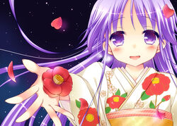  1boy blush camellia commentary_request flower happiness! japanese_clothes kimono lipstick long_hair makeup male_focus night otoko_no_ko petals purple_eyes purple_hair smile solo star_(symbol) tamakake watarase_jun 