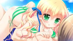  1boy bikini blonde_hair blush breasts brown_hair elaria_astraea female game_cg green_eyes hhg_megami_no_shuuen jewelry large_breasts long_hair miyasu_risa nanase_meruchi necklace sakurazawa_izumi short_hair swimsuit thighhighs twintails 