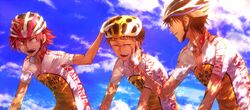  3boys bicycle_helmet black_hair commentary_request cycling_uniform dappled_sunlight fingerless_gloves glasses gloves helmet imaizumi_shunsuke kei_(space_sonic) male_focus multiple_boys naruko_shoukichi onoda_sakamichi red_hair short_hair smile sportswear sunlight sweat yowamushi_pedal 