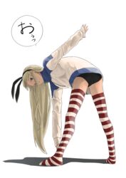  :o adapted_costume arm_up bad_id bad_nicoseiga_id blonde_hair blue_eyes buruma commentary enoshito female hairband jersey kantai_collection leaning_forward long_hair long_sleeves looking_at_viewer panties shimakaze_(kancolle) solo striped_clothes striped_thighhighs thighhighs underwear zipper 