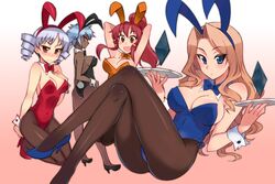  4girls animal_ears arms_up arnett_mcmillian ass atia_simmons bare_shoulders black_leotard blonde_hair blue_eyes blue_leotard blush bow bowtie breasts cleavage cleo_brand commentary_request crossed_legs dark-skinned_female dark_skin detached_collar drill_hair elizabeth_mayberry freezing_(series) grey_hair high_heels kusanagi_tonbo large_breasts leotard long_hair looking_at_viewer multiple_girls orange_leotard pantyhose playboy_bunny ponytail rabbit_ears rabbit_tail red_eyes red_hair red_leotard short_hair side-tie_leotard sitting smile tail tray twin_drills twintails wrist_cuffs 