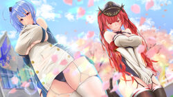  2girls absurdres ahoge ass_visible_through_thighs azur_lane bare_shoulders black_ribbon blue_hair blue_sky blush breasts brown_thighhighs chains cleavage cloud commentary_request covered_navel day dress dress_tug elbow_gloves from_below garter_straps gloves hair_between_eyes hair_ribbon hat highres honolulu_(azur_lane) large_breasts light_rays long_hair looking_at_viewer microdress multiple_girls own_hands_together panties peaked_cap petals purple_eyes red_eyes red_hair ribbon shiny side_slit sidelocks skindentation sky smile spekkio36 st._louis_(azur_lane) thighhighs thighs twintails underboob underwear white_gloves white_thighhighs 