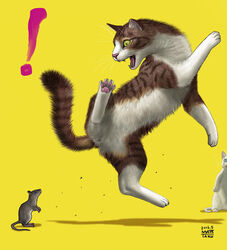  ! animal artist_name commentary dated fangs feline jumping matataku md5_mismatch mouse_(animal) no_humans original photoshop_(medium) signature surprised surprised_cat_(matataku) yellow_background 