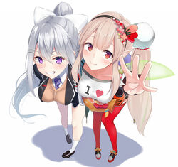  2girls blush bow breasts cardigan closed_mouth clothes_writing commentary elu_(1st_costume)_(nijisanji) elu_(nijisanji) fairy_wings flower grey_hair grin hair_flower hair_ornament hairbow hairclip highres higuchi_kaede higuchi_kaede_(1st_costume) i_heart... jacket lantern large_breasts leaning_forward long_hair looking_at_viewer mirea mole mole_under_eye multiple_girls necktie nijisanji open_clothes open_jacket paper_lantern pointy_ears ponytail purple_eyes purple_necktie red_eyes red_legwear school_uniform shoes short_sleeves side_ponytail smile very_long_hair virtual_youtuber white_bow wings 