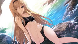  barefoot bikini blonde_hair blue_eyes breasts female game_cg long_hair ocean onigirikun pastel_chime_3 shirley_corvette solo swimsuit very_long_hair water wet wink 