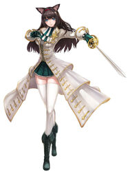  absurdres animal_ears ascot blue_eyes breasts brown_hair cat_ears coat commentary_request dress female fencer fencer_(tree_of_savior) frilled_skirt frills gloves green_gloves hairband highres large_breasts long_hair long_sleeves looking_at_viewer mhg_(hellma) photoshop_(medium) rapier red_hairband scabbard sheath shirt simple_background skirt solo sword swordsman_(tree_of_savior) thighhighs tree_of_savior weapon white_thighhighs zettai_ryouiki 