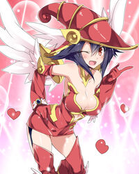  :d ;d apple_magician_girl arched_back bare_shoulders blue_hair boots breasts cleavage collarbone commentary_request detached_collar dress duel_monster elbow_gloves female garter_straps gloves hair_between_eyes hand_on_own_hip hat heart highres leaning_forward looking_at_viewer medium_breasts mtu_(orewamuzituda) one_eye_closed open_mouth photoshop_(medium) red_eyes red_footwear short_dress sleeveless smile solo thigh_boots thighhighs wings witch_hat yu-gi-oh! 