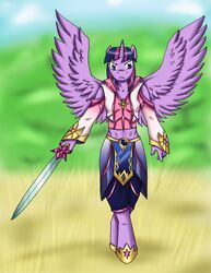  alicorn anthro anthrofied avoid_posting equid equine feathered_wings feathers female flameydragwasp friendship_is_magic fur hair hasbro hi_res horn mammal melee_weapon multicolored_hair my_little_pony mythological_creature mythological_equine mythology purple_body purple_feathers purple_fur purple_hair solo sword twilight_sparkle_(mlp) two_tone_hair weapon wings 