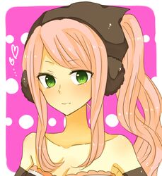  bandana breasts cleavage commentary_request fairy_tail female green_eyes heart long_hair medium_breasts meredy_(fairy_tail) natsu_(natu4010) pink_hair ponytail portrait solo 