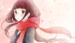  black_eyes blush brown_hair cherry_blossoms commentary_request enpera female finger_gun highres long_hair parted_lips petals red_scarf sayonara_memories_(supercell) scarf shigure_ui solo supercell_(band) 