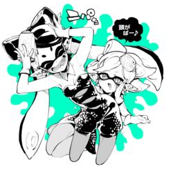  +_+ 2girls :d arms_up bad_id bad_twitter_id blush breasts callie_(splatoon) cleavage closed_eyes collarbone cousins detached_collar dress earrings eighth_note fangs food food_on_head gloves green_theme hair_rings hands_on_own_head hikimayu inkling jewelry long_hair marie_(splatoon) mole mole_under_eye monochrome multiple_girls musical_note object_on_head oerba_yun_fang open_mouth paint paint_splatter pointy_ears short_hair short_jumpsuit simple_background sitting small_breasts smile sparkle speech_bubble splatoon_(series) splatoon_1 strapless strapless_dress sushi symbol-shaped_pupils tentacle_hair unitard white_background yousuke_(yosk) 