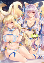  2girls ahoge animal_ear_fluff animal_ears babydoll bare_shoulders bell blonde_hair blue_bra blue_panties blue_ribbon blush bow bow_panties bra breasts cleavage collarbone commentary_request detached_collar detached_sleeves flower folding_fan fox_ears fox_tail fur-trimmed_collar fur_trim gloves hair_between_eyes hair_flower hair_ornament halterneck hand_fan holding holding_fan jingle_bell kayou_(sennen_sensou_aigis) kiseru kyuubi_(sennen_sensou_aigis) lace lace-trimmed_bra lace-trimmed_panties lace_trim large_breasts leg_ribbon light_purple_hair lingerie long_hair looking_at_viewer makirin mole mole_on_breast multiple_girls multiple_tails navel open_mouth panties photoshop_(medium) purple_eyes red_eyes ribbon ribbon-trimmed_panties ribbon-trimmed_sleeves ribbon-trimmed_underwear ribbon_trim sennen_sensou_aigis side-tie_panties smile smoking_pipe snowflake_print socks tabi tail thigh_ribbon underwear underwear_only white_gloves white_socks wide_sleeves 